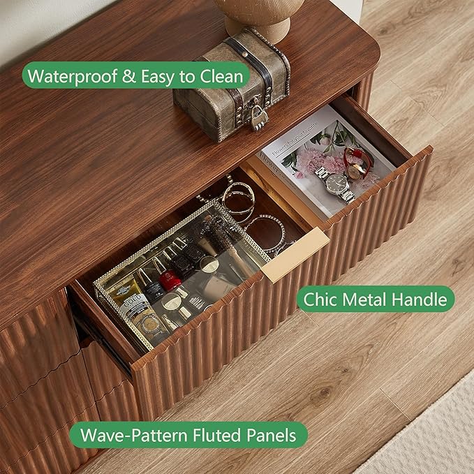 VMU Fluted Dresser with 6 Deep Drawers，55" Modern Wooden Chest of Drawers with Metal Handles, TV Stand with Curved Profile, Closet Clothes Storage Organizer for Bedroom, Living Room, Hallway (Walnut)