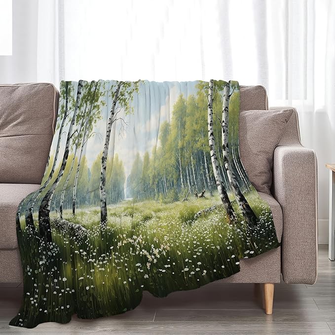 Forest Tree White Birch Landscape Throw Blanket for Women Men Girls Boys - Nature Scenery Decor Soft Warm Cozy Fleece for Couch Sofa Bed 60"x50"