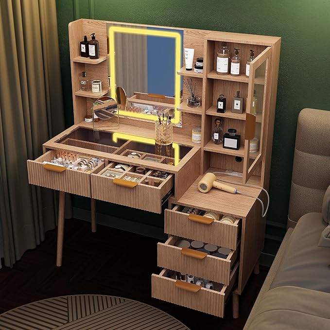 Fluted Vanity Desk with Mirror and Lights, 5 Drawers Glass Top Makeup Vanity with 10 Storage and 9-Grid Organizer, 3 Color Clear Glass Door Dressing Table with Charging Station, Natural Oak