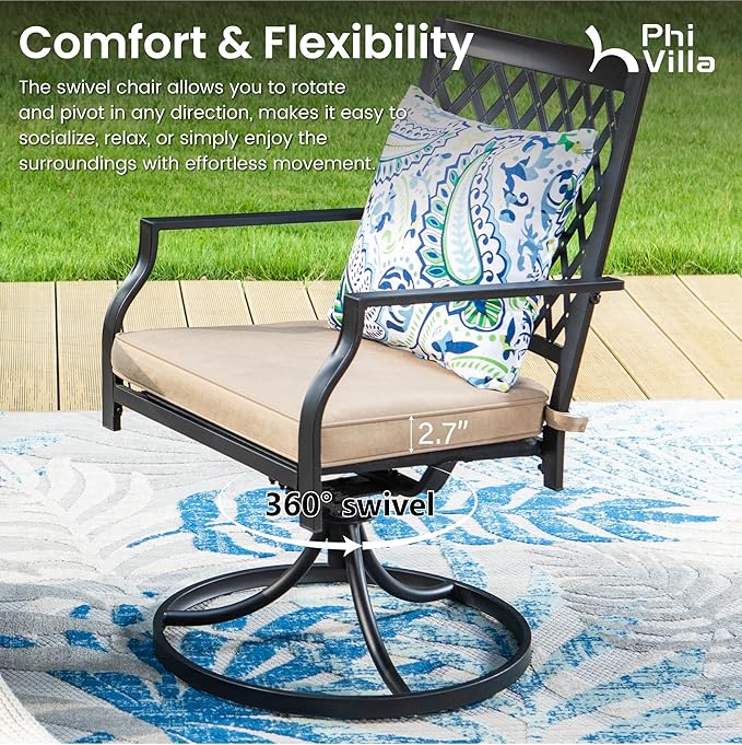 PHI VILLA 5 Pieces Outdoor Dining Set for 4, Round Metal Steel Table with Umbrella Hole & Swivel Wrought Iron Chairs with Cushions, Large Modern Furniture for Patio, Deck, Backyard, Porch