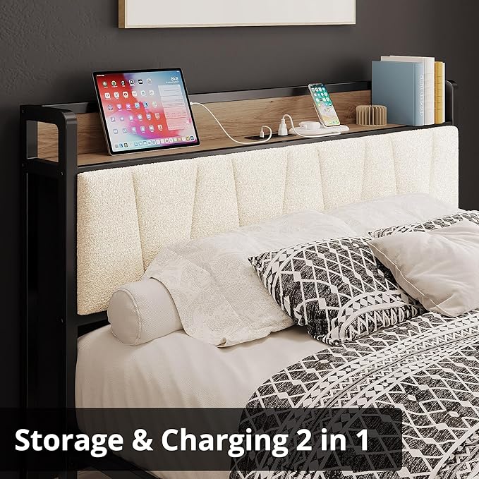 LIKIMIO Full XL Bed Frames, Storage Headboard with Charging Station, Solid and Stable, Noise Free, No Box Spring Needed, Easy Assembly, Wood and Cream