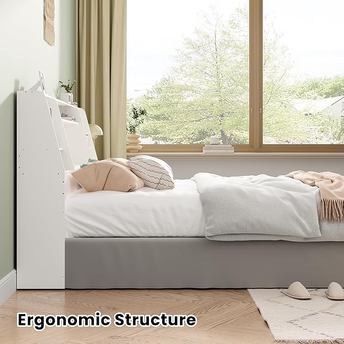 Headboard Queen Size with Storage, Upholstered Wood Bookcase Headboard with Charging Station & 2 LED Lights (White, King)