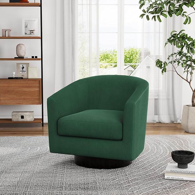 UIXE Swivel Accent Chair, Upholstered Corduroy Barrel Chair for Living Room, Small Single Sofa Bedroom Reading Seat, Dark Green