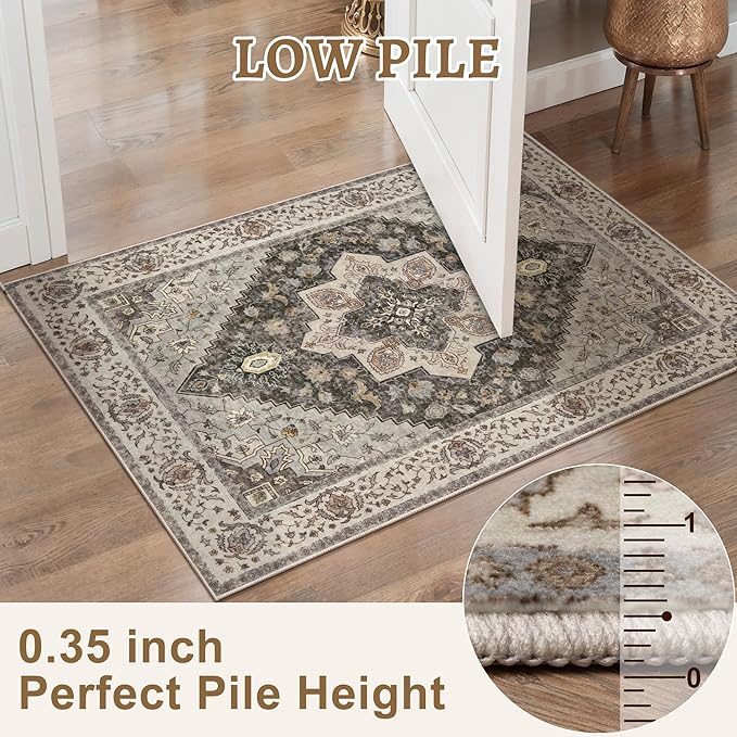 Tangsoo Vintage 2x3 Washable Rug Entryway Door Mat Small Carpet Indoor Front Door Entrance Kitchen Bedroom Bathroom Grey/Brown Non Slip Print Soft Low Pile Print Distressed