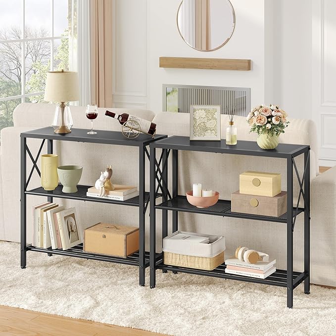 Hoctieon Industrial Console Table, 3-Tier Entryway Table, Metal Frame, Sofa Tables with Shelf, Hallway Desk, Entrance Desk for Entryway, Living Room, Foyer, Hallway, Black