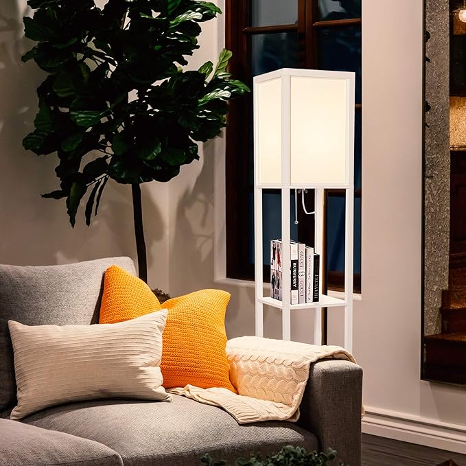 Brightech Maxwell - Modern Shelf Floor Lamp with Lamp Shade and LED Bulb - Corner Display Floor Lamps with Shelves for Living Room, Bedroom and Office - White