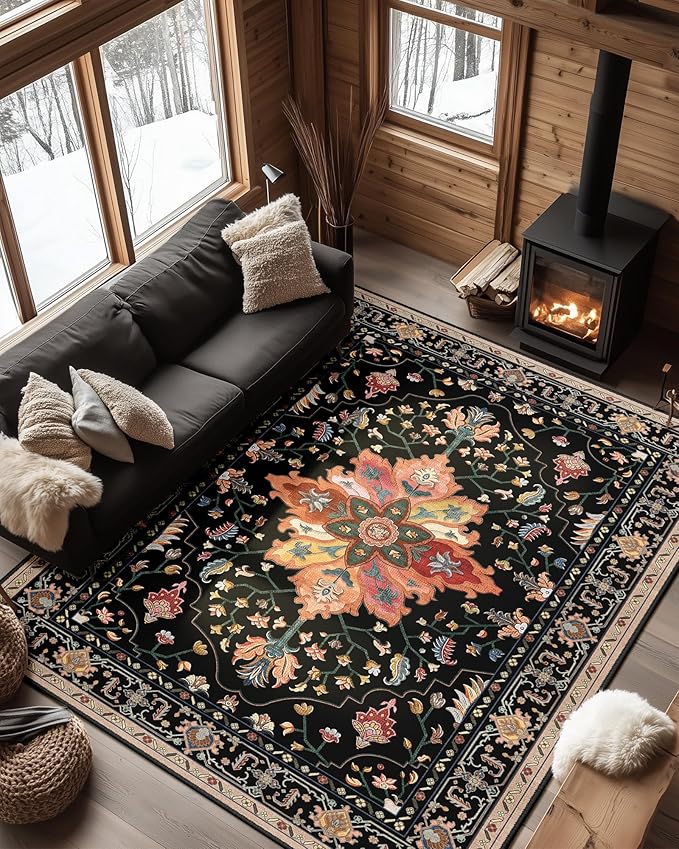 Area Rugs 6'x9' Washable Non-Slip, Floral Vintage Distress Print Pattern Medallion Carpet for Living Room Bedroom Dining Room, Black Colorful Floral Dark Tan