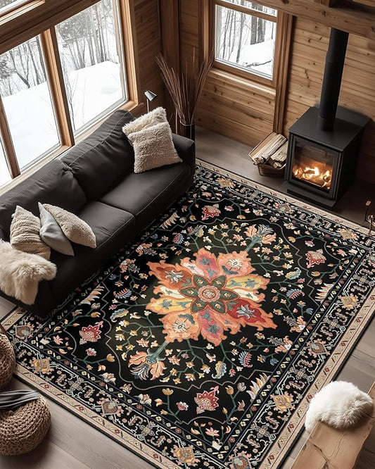 Area Rugs 6'x9' Washable Non-Slip, Floral Vintage Distress Print Pattern Medallion Carpet for Living Room Bedroom Dining Room, Black Colorful Floral Dark Tan