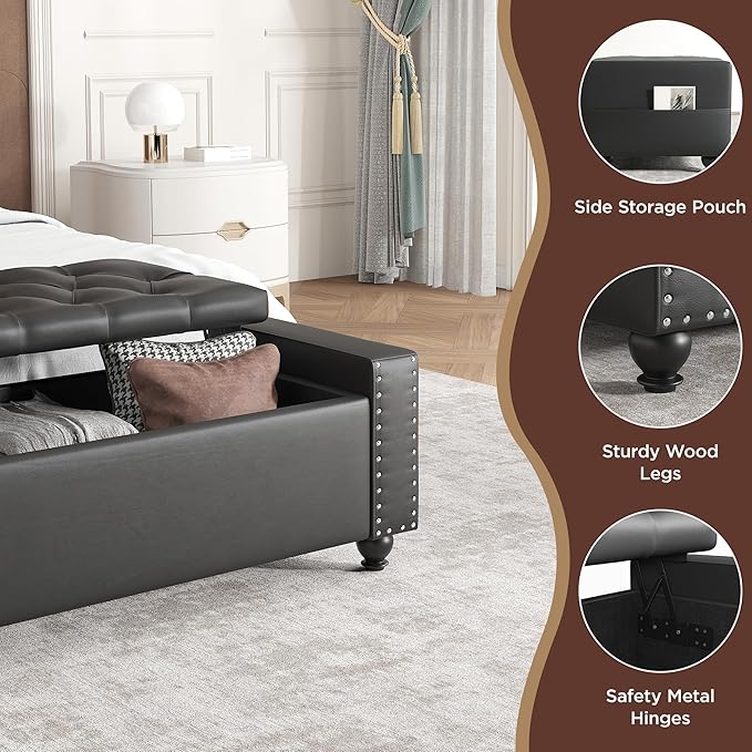 Maupvit Storage Ottoman Bench, 49 Inch Bedroom Bench, Upholstered Ottoman with Storage, Entryway Bench with Tufted Button, Faux Leather Window Bench for Bedroom, Living Room, Entryway, Hallway, Black