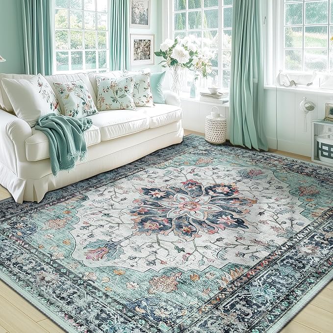 Area Rugs 5'x8' Washable Non-Slip, Floral Vintage Distress Print Pattern Medallion Carpet for Living Room Bedroom Dining Room, Green Navy Blue White Red Teal Colorful