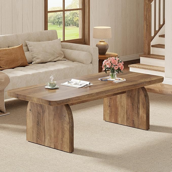 Tribesigns Farmhouse Coffee Table for Living Room, 47-Inch Mid-Century Rectangle Center Table with Rounded Corners, Modern Low Large Cocktail Tea Furniture, Easy Assembly