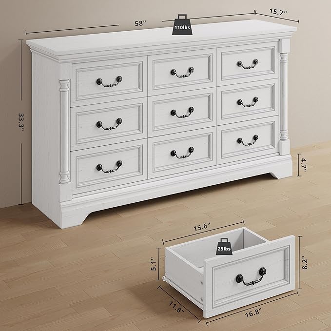 LIKIMIO Farmhouse Dresser for Bedroom with 9 Drawers, 58" Wide Wood Chest of Drawers with Roman Column, Dresser TV Stand for 65", Closet Storage Dressers Organizer for Bedroom, Living Room, Hallway
