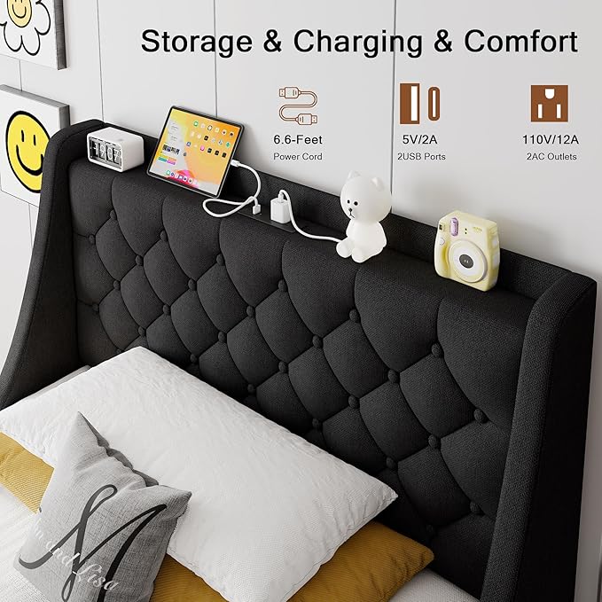 Twin Bed Frame with 4 Storage Drawers, Upholstered Modern Bed Frame with Wingback Headboard, Charging Station, No Box Spring Needed, Noise-Free, Black