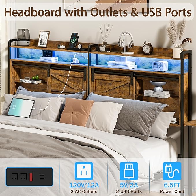 wanan King Size Headboard with Storage, 3 Tier, LED Light, Sliding Barn Doors, Width Adjustable (Rustic Brown, King)
