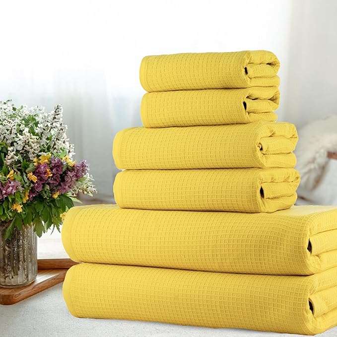 CASA COPENHAGEN Waffle Towel, 6Pieces 100% Cotton Large Towel Set- Butter Yellow, 2Bath 2Hand 2Washcloths Instant Absorb and Dry, Soft Strong Towels for Hotel Spa Kitchen Bathroom & Shower