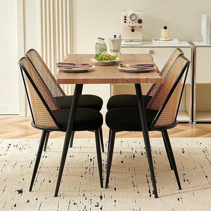 47-Inch Rectangular Dining Table Set for 4, 5 Pieces Kitchen Table Set with 4 Seater Dining Chairs Upholsetered Boucle Room Chairs Curved Rattan Backrest for Kitchen Apartment Restaurant