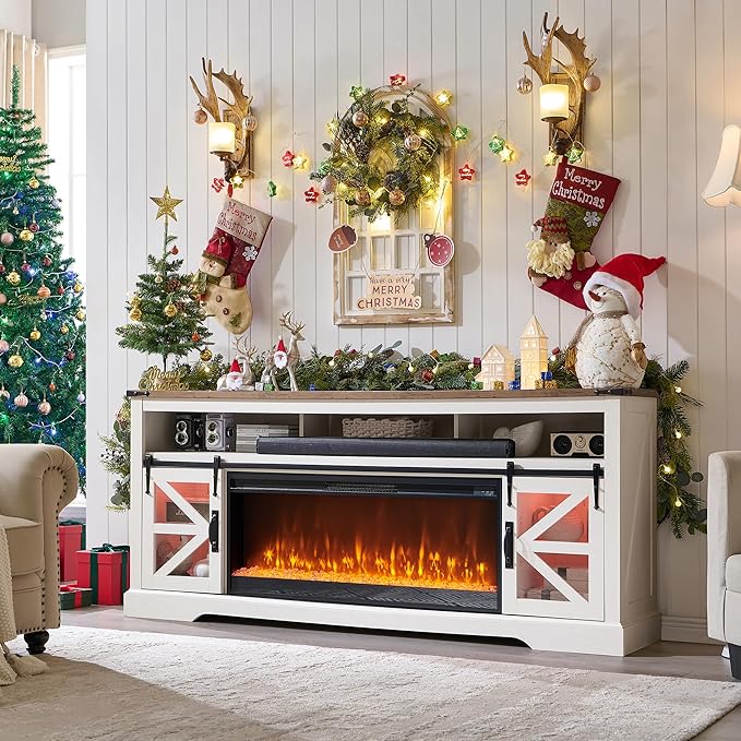 OKD Fireplace TV Stand for 85" TV, 33" Tall Highboy Farmhouse Entertainment Center w/ 42'' Electric Fireplace & LED Light, Rustic Media Console w/Sliding Barn Door for Living Room, Antique White
