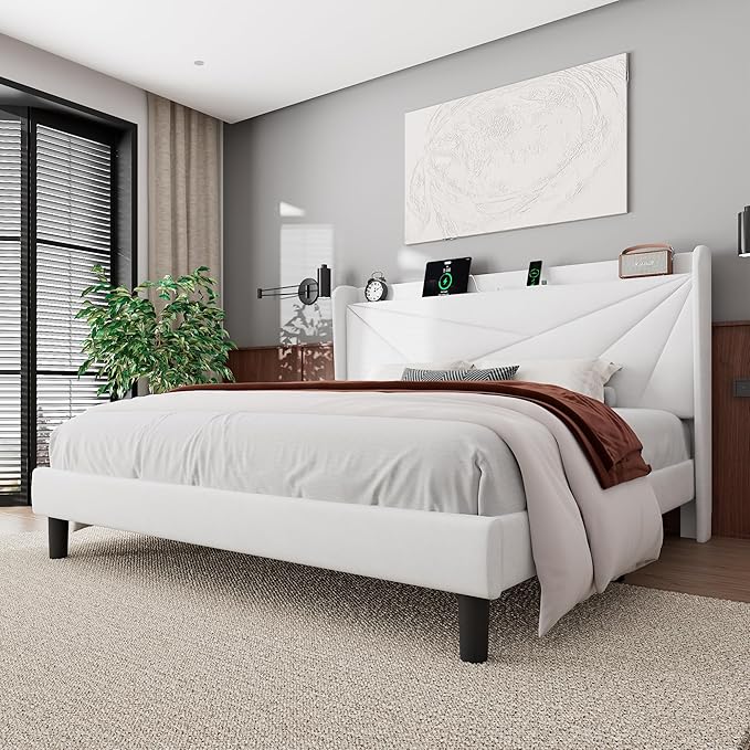 Feonase King Bed Frame with Charging Station, Velvet Upholstered Platform BedFrame with Wingback Storage Headboard, Solid Wood Slats Support, No Box Spring Needed, Noise Free, White