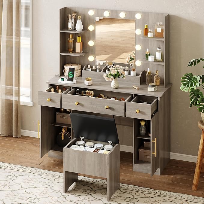 Vanity Desk with Mirror and Lights,Grey Makeup Vanity with Charging Station & Stool, 3 Drawers and Cabinets, Farmhouse Vanity Mirror with RGB LED Lights Makeup Desk and Chair for Women