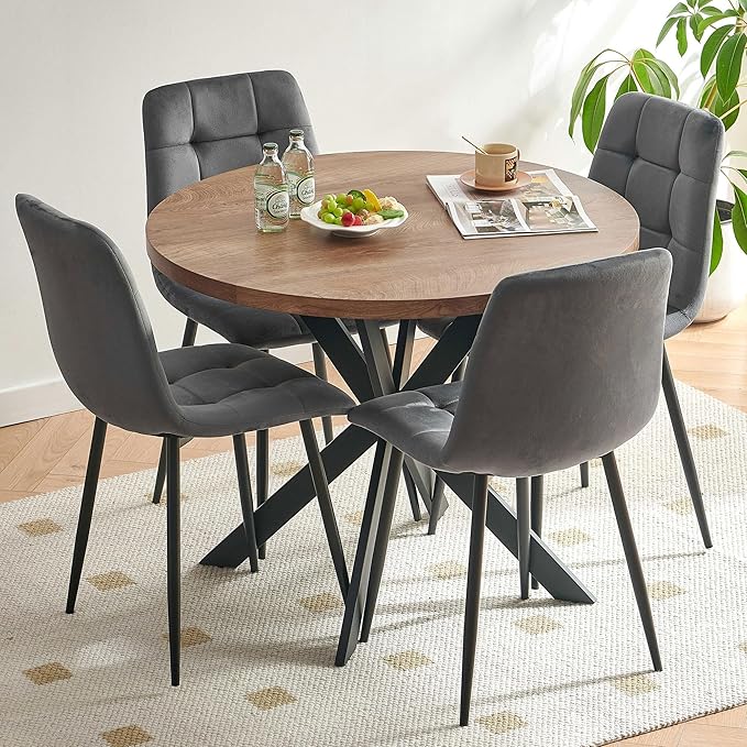 5-Piece Round Dining Table Set - Kitchen Table Chairs Set of 4 with Grey Velvet Upholstered Chairs -Dining Table Set for 4
