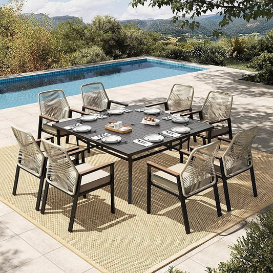 HERA'S HOUSE 9 Pieces Patio Table and Chairs Set, Outdoor Dining Set for 8, 8 x Rattan Patio Chairs and 1 x 60 Square Metal Dining Table, Outdoor Rattan Dining Table Set for Lawn Garden Backyard