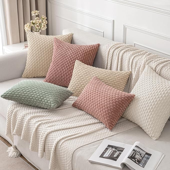 MIULEE Throw Pillow Covers Soft Corduroy Decorative Set of 2 Boho Summer Striped Pillow Covers Pillowcases Farmhouse Home Decor for Couch Bed Sofa Living Room 20x20 Inch Beige