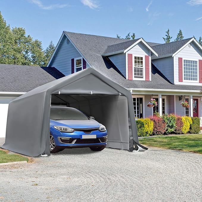 Outsunny 12' x 20' Carport Portable Garage, Heavy Duty Storage Tent, Patio Storage Shelter w/Anti-UV PE Cover and Double Zipper Doors, for Motorcycle Bike Garden Tools, Gray