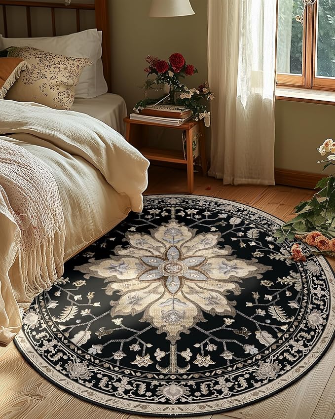 Area Rugs 6ft Washable Non-Slip, Floral Vintage Distress Print Pattern Medallion Carpet for Living Room Bedroom Dining Room, Black Brown Neutral Dark Tan