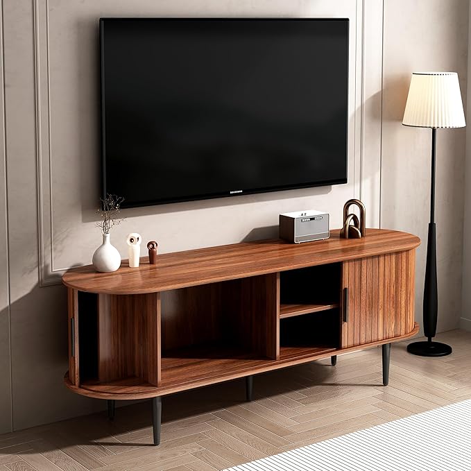 55" Mid-Century Modern TV Stand with Sliding Door & Storage | Walnut Media Console for Living Room | Gaming Entertainment Center Cabinet for Bedroom/Office (55")