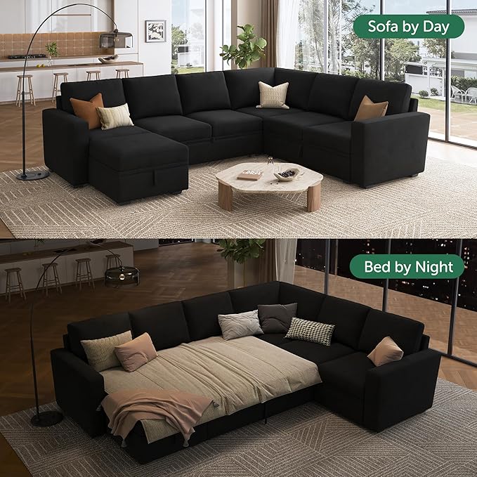 HONBAY Sectional Sleeper Couch with Pull Out Bed, U Shaped Sectional Sofa with Storage, Modular Velvet Sectional Couches for Living Room, Black