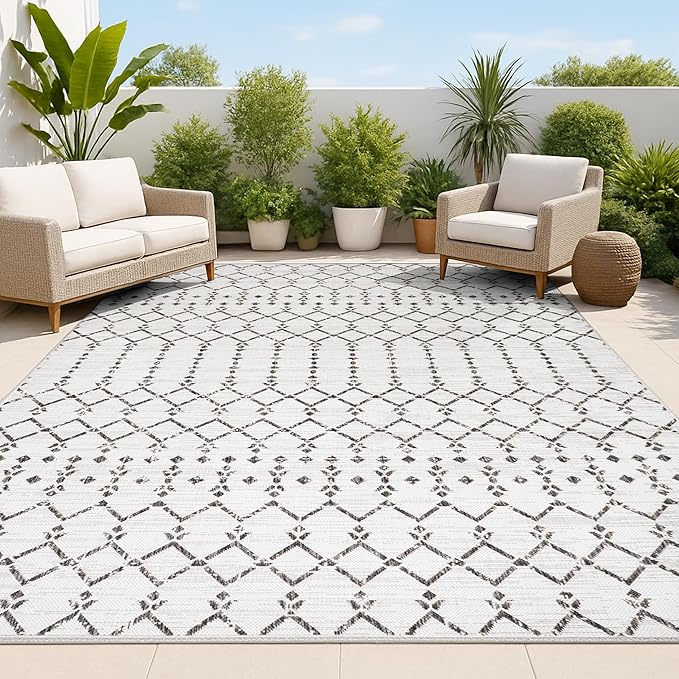 JONATHAN Y Moroccan Geometric Indoor Outdoor Area Rug 9X12 Cream/Black, Ourika Textured Weave for Backyard, Patio, Porch, Easy-Cleaning, High Traffic, Pet-Friendly, Non-Shedding (SMB108I-9)