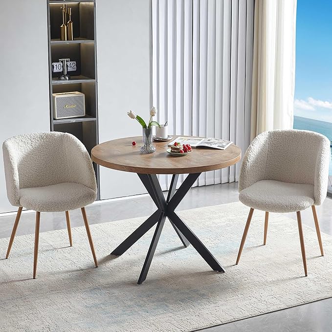 3 Pieces Dining Table Set for 2, Home Kitchen Round Dining Table with Thick Tabletop and 2 Upholstered Arm Chairs, Faux Wood Round Table with Comfy Accent Chair for Living Room,Restaurant