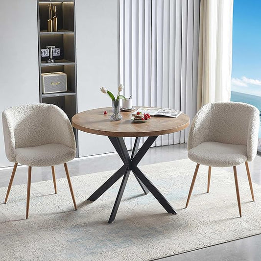 3 Pieces Dining Table Set for 2, Home Kitchen Round Dining Table with Thick Tabletop and 2 Upholstered Arm Chairs, Faux Wood Round Table with Comfy Accent Chair for Living Room,Restaurant