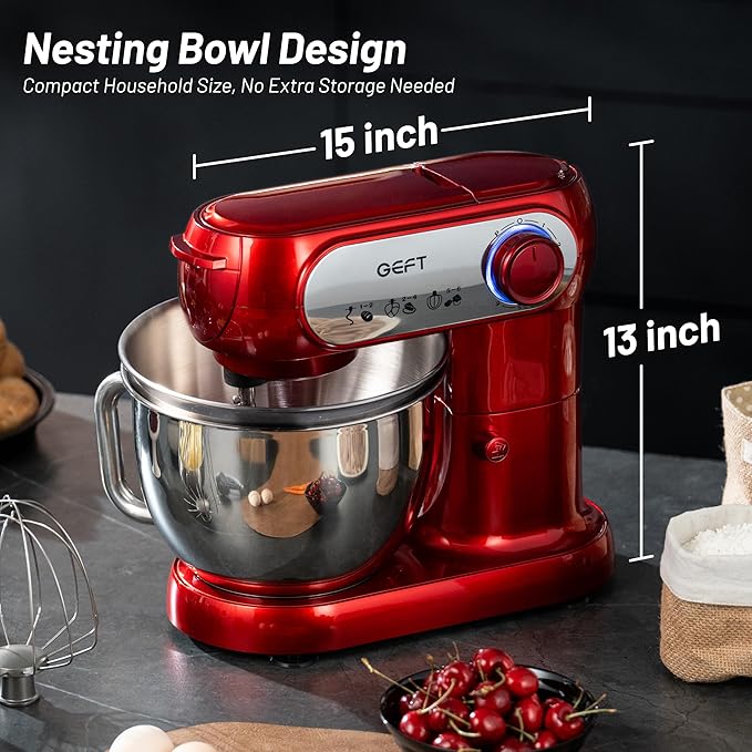 Stand Mixer, 3.5QT+6QT Two Bowls Kitchen Electric Mixer, 600W 6+P speed Tilt-Head Food Mixer with Stainless Steel Bowl, Dishwasher-Safe Dough Hook, Flat Beater, Wire Whisk, Splash Guard, Red