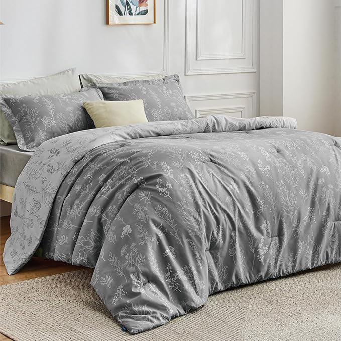 Bedsure Oversized Queen Comforter Set - Grey Bed Set, 3 Pieces Cute Floral Bedding, 1 Soft Reversible Botanical Flowers Comforter and 2 Pillow Shams