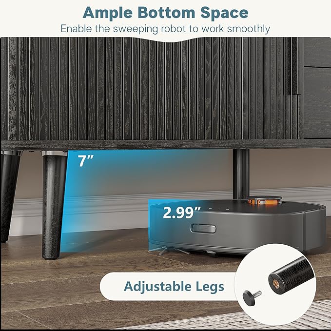 Alohappy 69" Mid Century Modern TV Stand with Charging Station, Farmhouse Curved Edge TV and Media Console Table with Drawer and Shelf, Fluted Entertainment Center for Living Room, Bedroom, Black