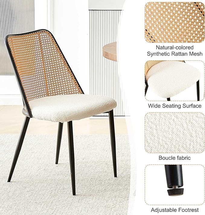 Dining Chairs Set of 2, Modern Mid Century Rattan Accent Chairs Curved Backrest Kitchen Side Chairs Woven Living Room Chairs Upholstered Boucle for Small Spaces, Apartment