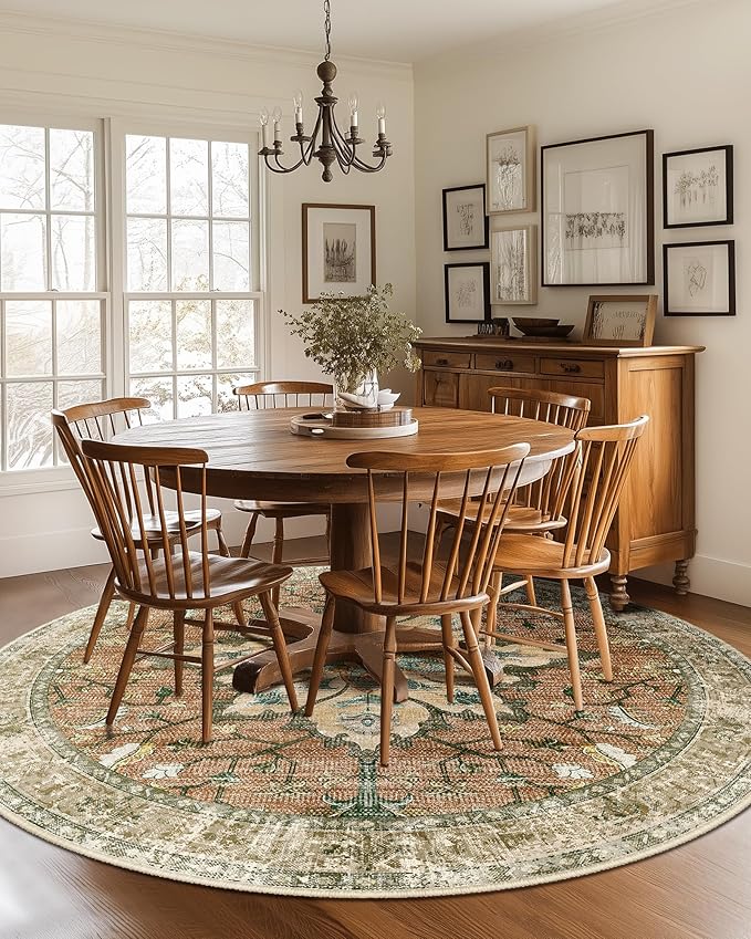 Area Rugs 8ft Washable Non-Slip, Floral Vintage Distress Print Pattern Medallion Carpet for Living Room Bedroom Dining Room, Brick Red Rust Neutral Brown Burnt Orange Green