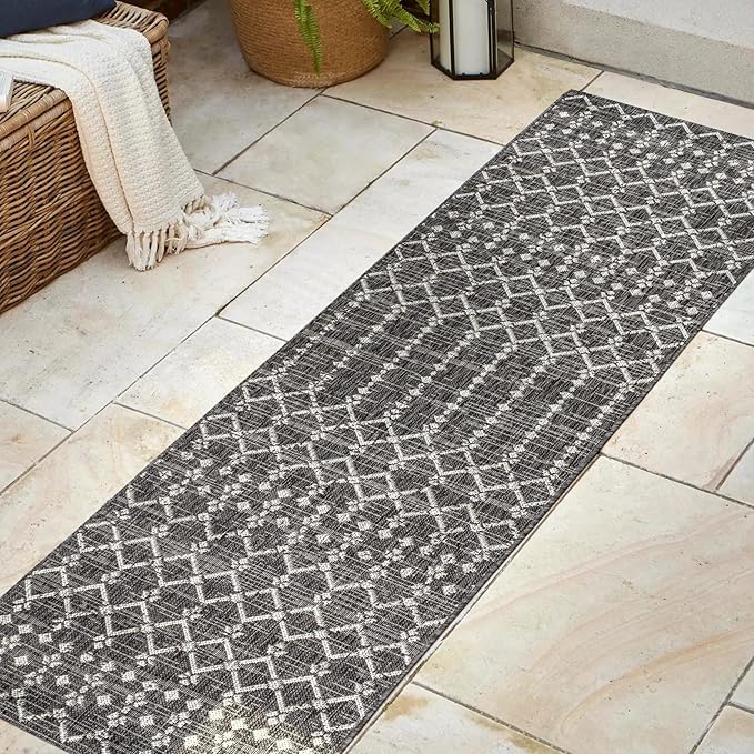 JONATHAN Y SMB108F-28 Ourika Moroccan Geometric Textured Weave Indoor Outdoor Runner Rug, Bohemian, Rustic, Scandinavian Easy Cleaning,Bedroom,Kitchen,Backyard,Patio,Non Shedding, Black/Gray, 2 X 8