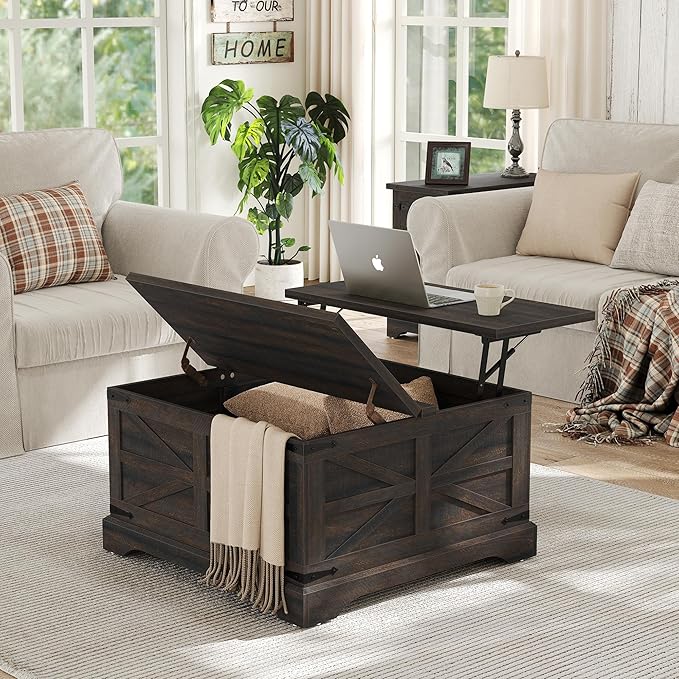 Furnideco Square Coffee Table with Storage Farmhouse Coffee Table with Lifting Top Modern Wood Center Table for Living Room Home Office, Dark Brown