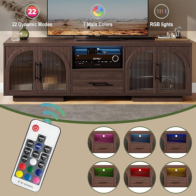 70" TV Stand for 80 Inch TVs, Entertainment Center with LED Lights and Arched Glass Doors, Faux Marble Wood Finish, Adjustable Shelves, Modern TV Cabinet for Living Room, Brown