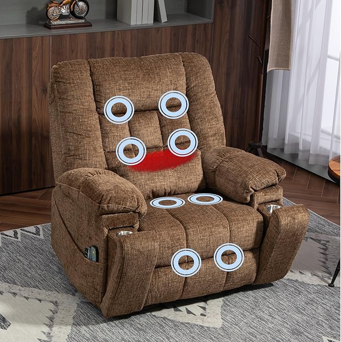 4-Motor Power Lift Chair with Heat & Massage - Power Adjustable Headrest, Backrest, Lumbar & Footrest - 27-inch Wide Seat Lay Flat Recliner, 8-Point Massage (Lumbar Heating)