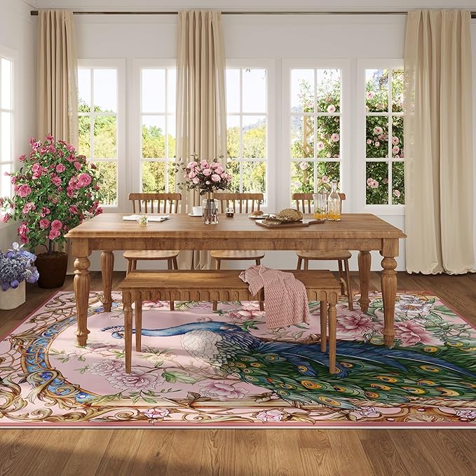 Living Room Rug 5x7 Rug Machine Washable Floral Peacock Area Rug Non Slip Floral Animal Vintage Low Pile Large Rugs for Living Room, Bedroom, Farmhouse, Dining Room, Kids Playroom (Pink)