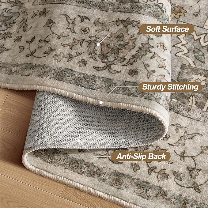 Tangsoo 5x7 Area Rug Washable Rug for Living Room, Vintage Indoor Non Slip Large Area Rugs, Print Distressed Brown/Grey Carpet, Soft Low Pile Foldable Floor Rug for Bedroom Dining Room Dorm