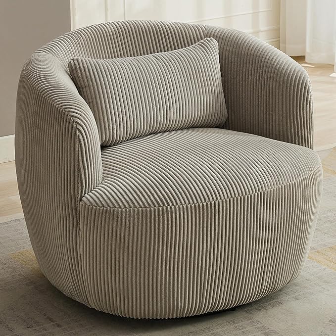 Aoiy & Wifon 34.25" W Swivel Barrel Chair Set of 2, Upholstered Round Small Accent Chair, Single Comfy Barrel Chair for Living Room, Corduroy, Light Gray