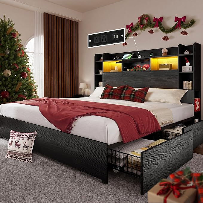 YITAHOME King Size Bed Frame with Bookcase Headboard and 4 Storage Drawers, RGB LED Bed Frame with Type-C & USB Charging Station Storage Headboard Beds, No Box Spring Needed, Noise Free, Black