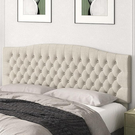 King Headboard Only, Upholstered Headboard King Size for Adjustable Bed Linen Tufted Wall Mounted Head Board with Solid Wood Legs, Ivory