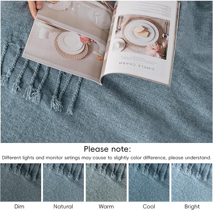 BATTILO HOME Blue Grey Throw Blanket for Couch Bed, Soft Cozy Light Blue Chenille Throw Blanket with Fringe, Lightweight Throw Blanket for Home Decor, 50"x60"