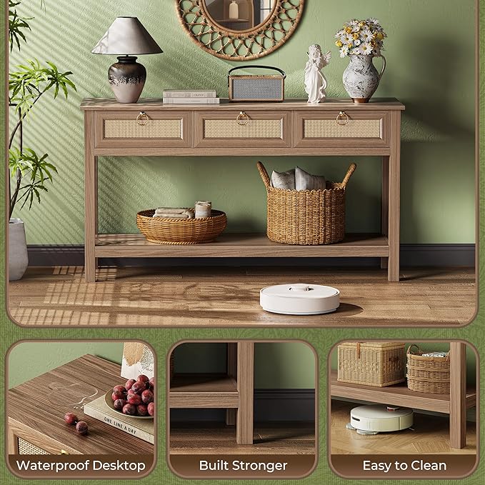 SUPERJARE Rattan Console Sofa Table with Outlets and USB-C Port, 3 Drawer Entryway Table with Synthetic Rattan Surface, Open Shelf, Behind Couch Entry Foyer Hallway Storage, Brown