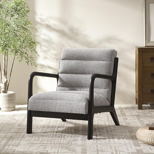 VKNOW Accent Chair with RubberWood Frame, Mid-Century Modern Upholstered Reading Armchair, High Back Lounge Armchair Living Room Chair for Bedroom Reading Room, Grey